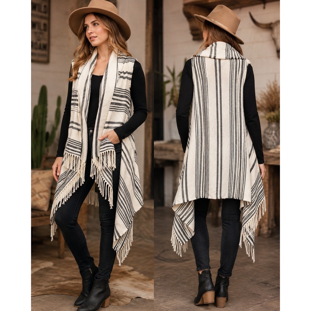 Rustic Boho Western Serape Blanket Fringe Draped Vest OS Desert Chic Free Spirit